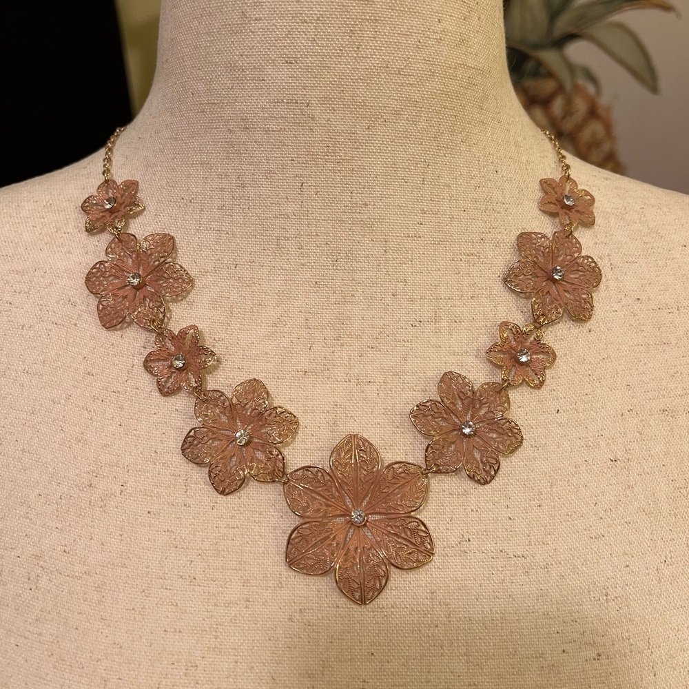 Floral Filigree Statement Necklace and Earring Set- Blush Pink Gold Flower NWT